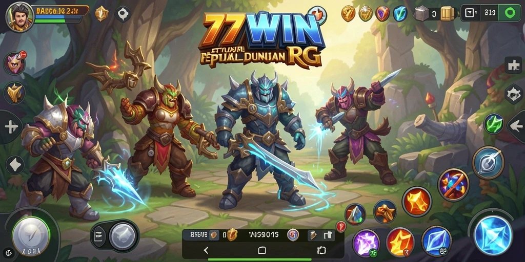 Screenshot dari gameplay 77WIN menampilkan pertarungan epik karakter RPG.