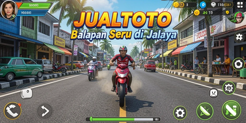 Screenshot utama JUALTOTO menampilkan balapan seru di jalanan dengan mobil berkecepatan tinggi.