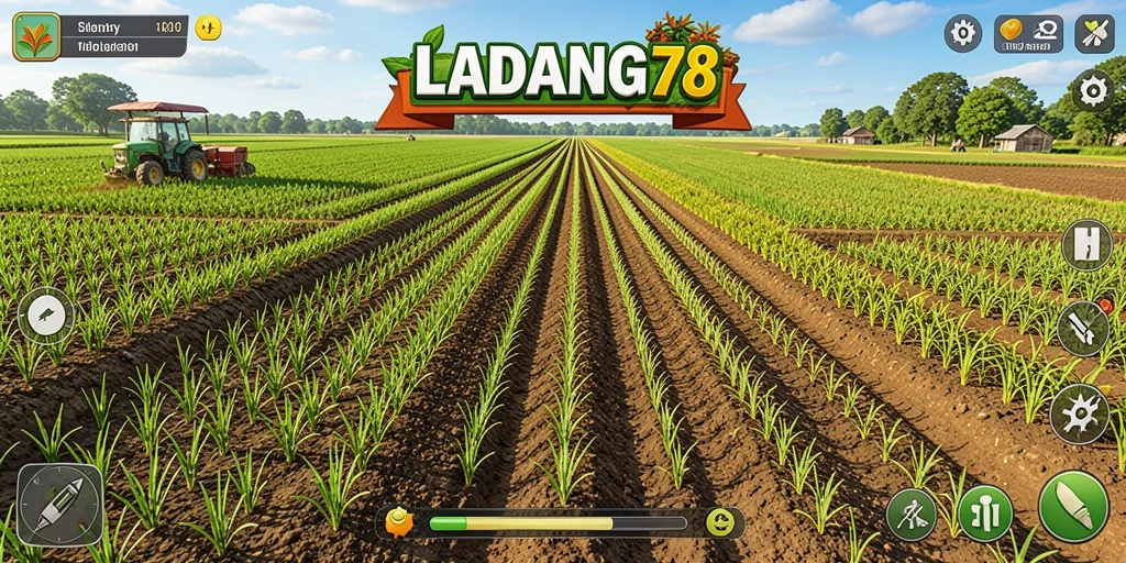 Tampilan gameplay LADANG78 dengan ladang yang subur dan aktivitas bertani.