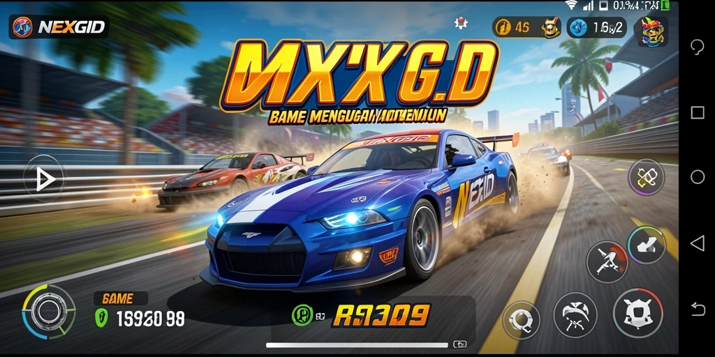 Tampilan gameplay NEXGID saat balapan yang mendebarkan di trek.