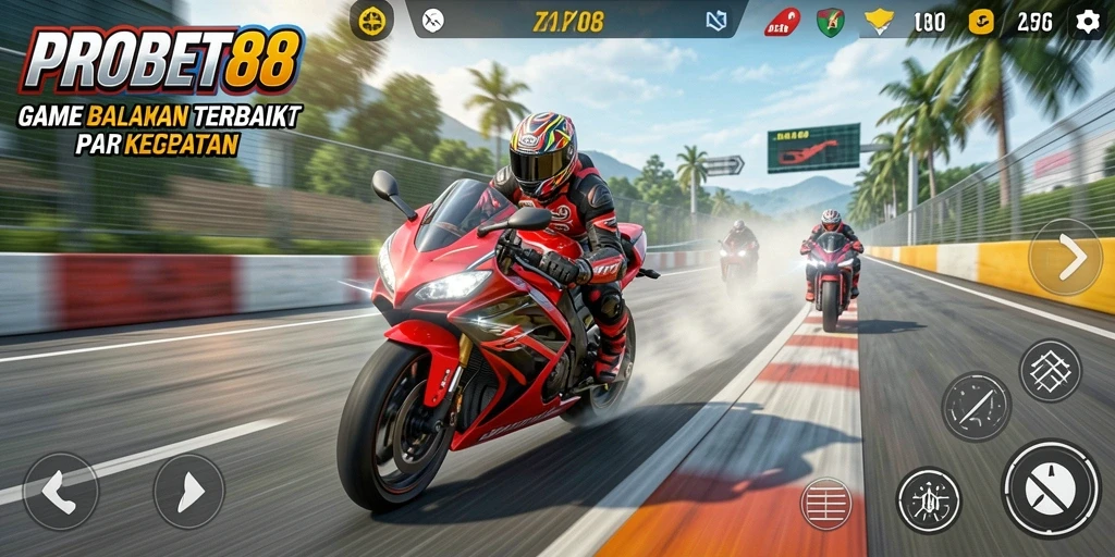 Tangkapan layar gameplay PROBET88 yang menampilkan aksi balapan motor yang seru.