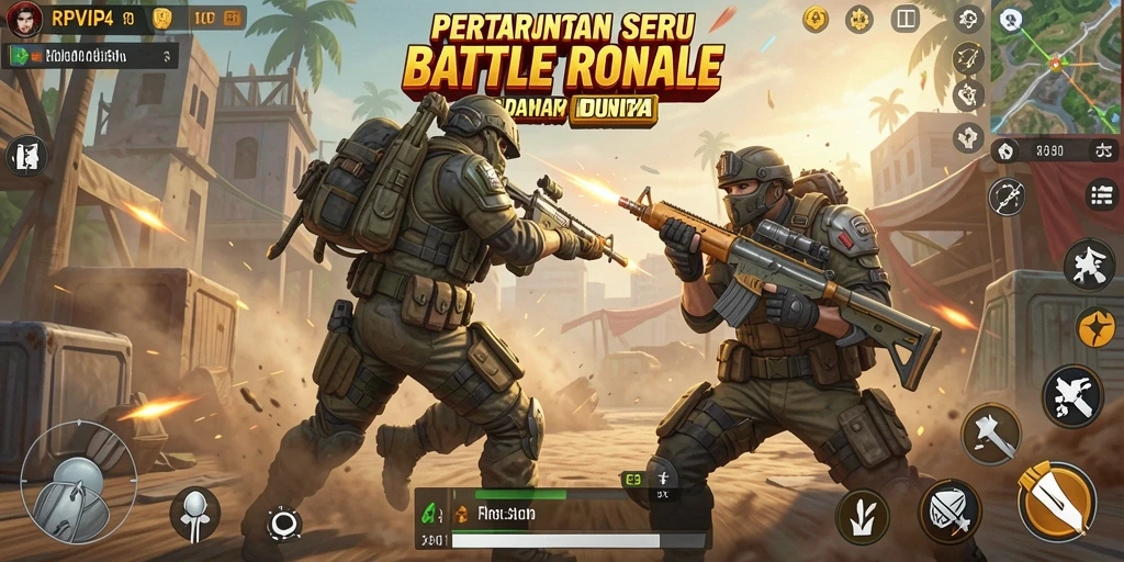 Tampilan gameplay seru di dalam RPVIP4 yang menggambarkan aksi Battle Royale.