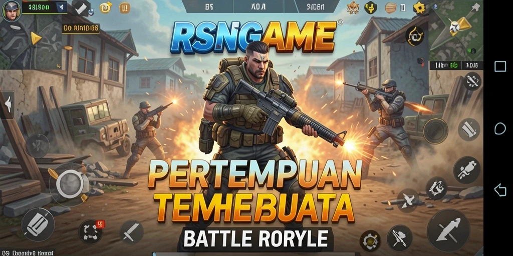 Screenshot RSNGAME menampilkan aksi pertempuran epik di arena Battle Royale.