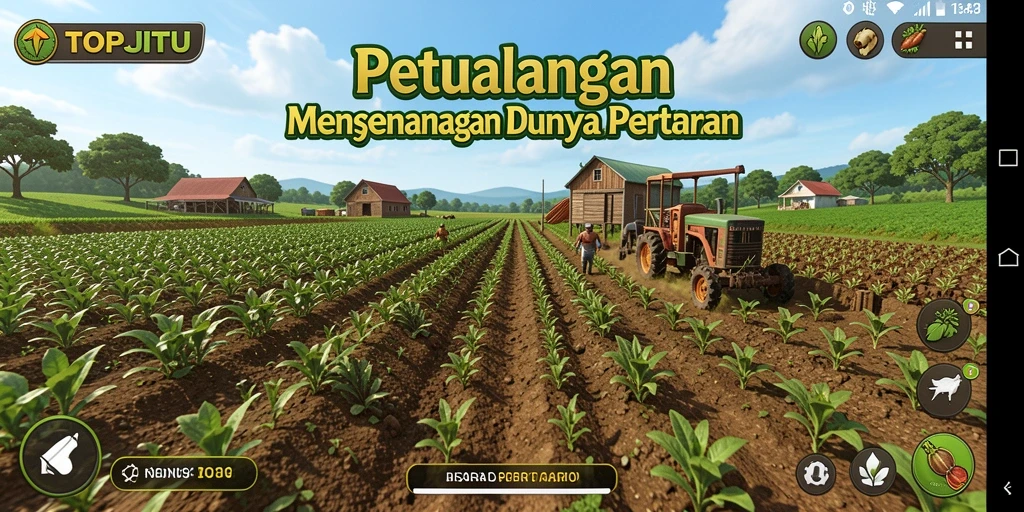 Screenshot gameplay TOPJITU menunjukkan ladang yang indah dan aktivitas bertani.
