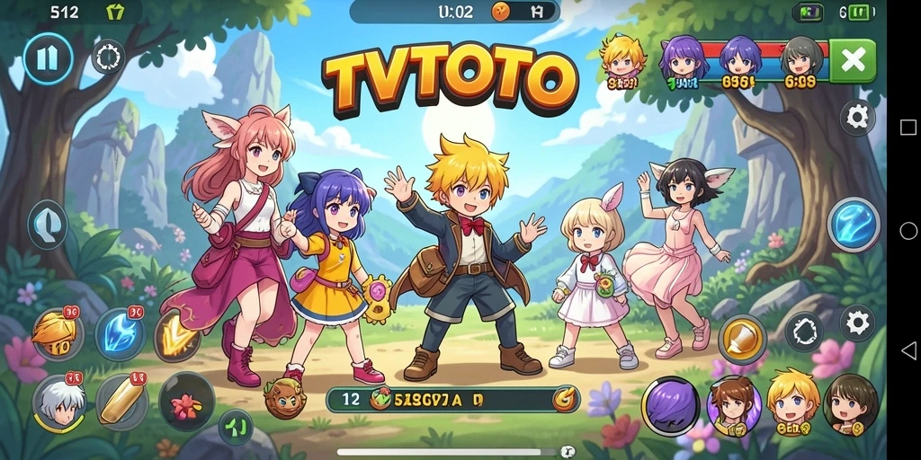 Tampilan gameplay yang menarik dari TVTOTO dengan karakter anime ikonik.