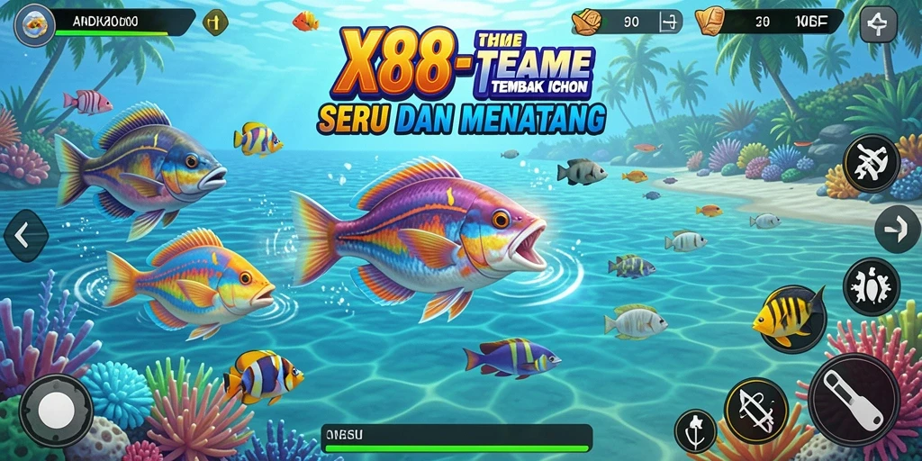 Tampilan gameplay seru di X88 dengan aksi menembak ikan.